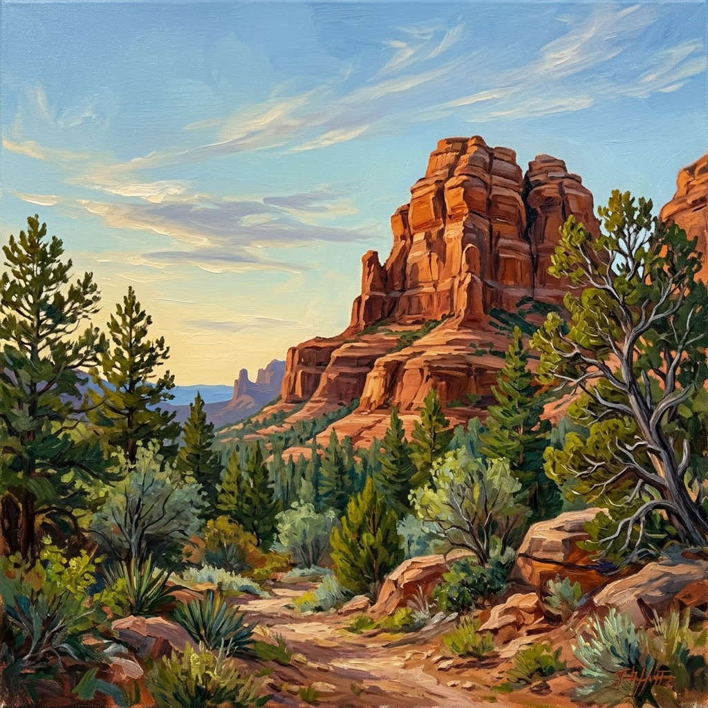Red rock cliffs with green desert trees and shrubs on a sunny day under a blue sky with clouds