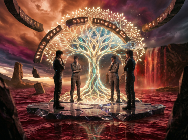 Four people in brown futuristic suits standing on a floating cracked platform with a swirling galaxy and Earth in the background