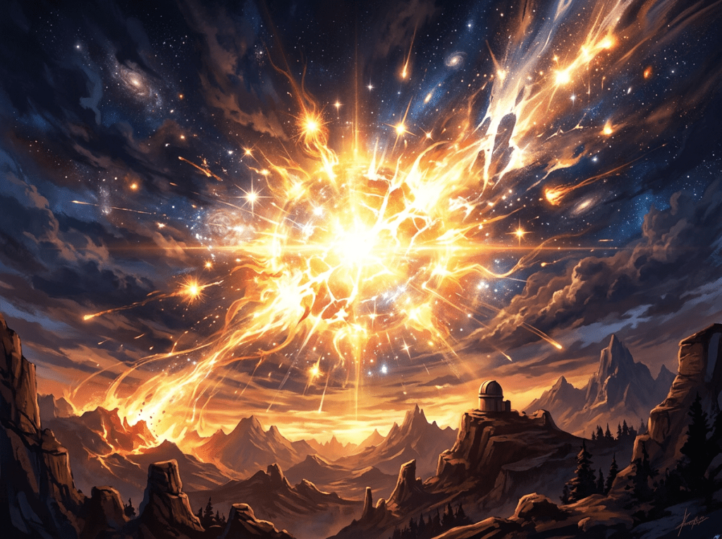 Bright cosmic explosion with meteor streaks above mountainous landscape and observatory dome