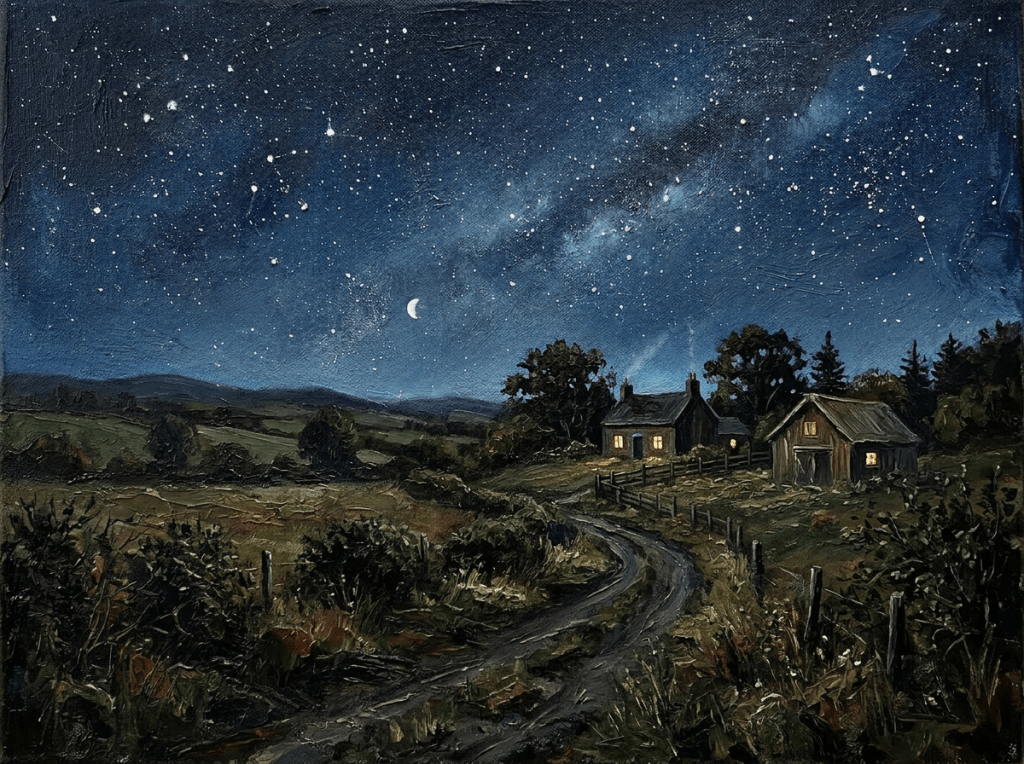 Rural house and barn under starry night sky with crescent moon