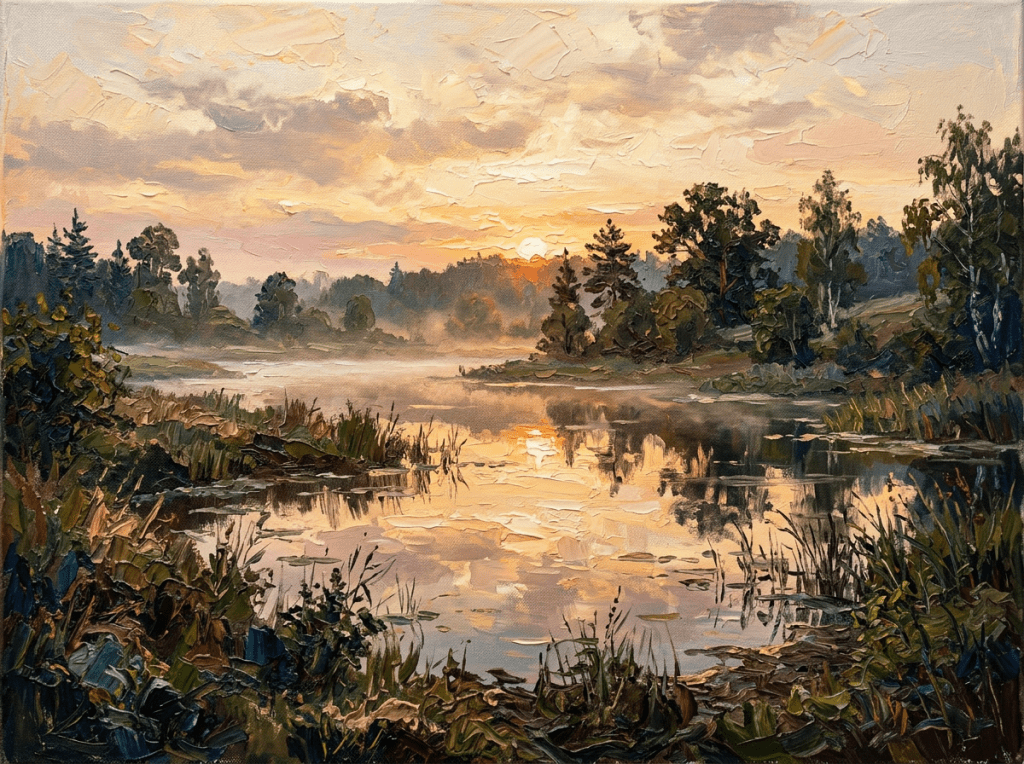 Sunset over a calm river with mist and dense forest reflections