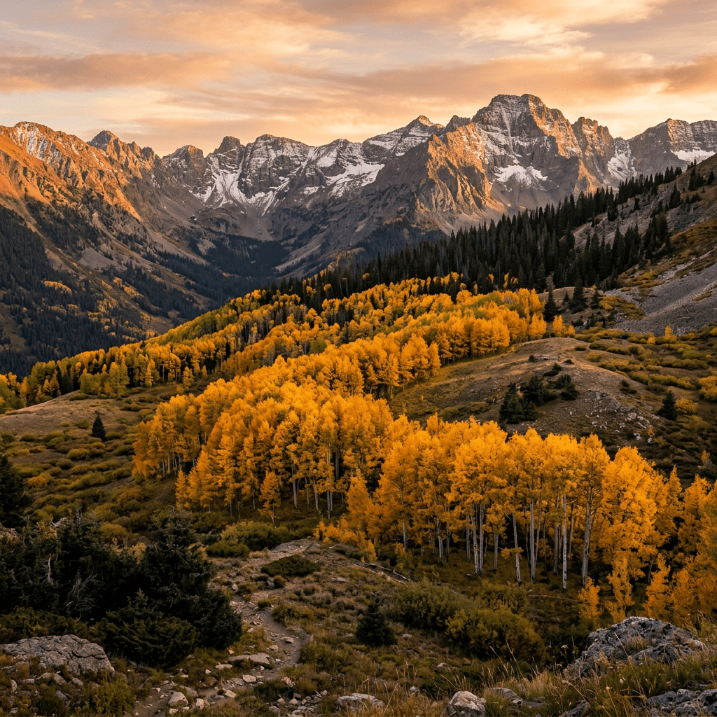 Mountain valley with golden aspen trees and snow-capped peaks at sunset