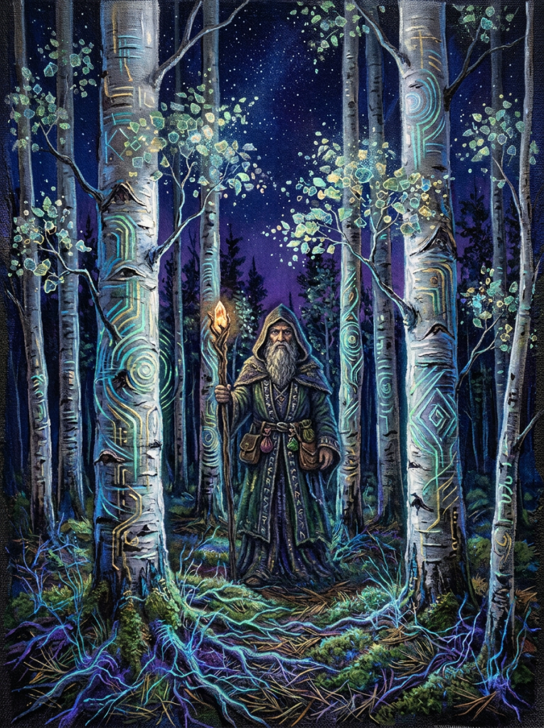 Tall trees with glowing, geometric patterns on trunks and roots in a dark forest under a starry sky