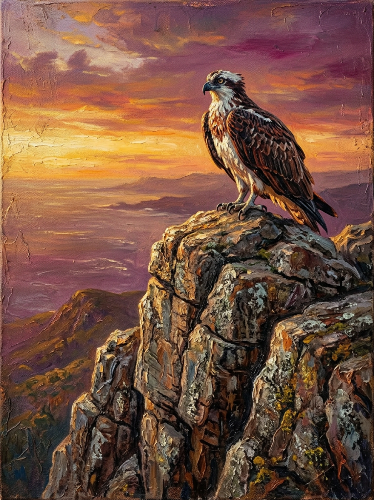 Osprey perched on rugged cliff overlooking colorful sunset sky