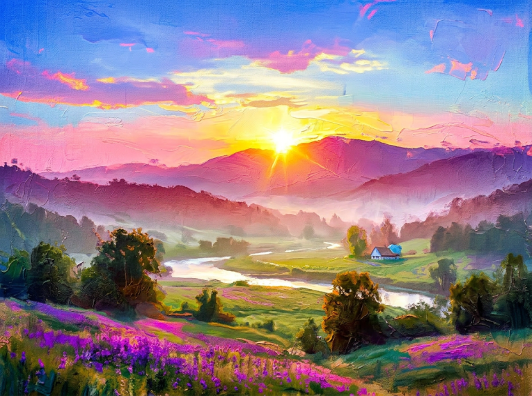 Sunrise over a misty valley with purple wildflowers, river, and distant hills