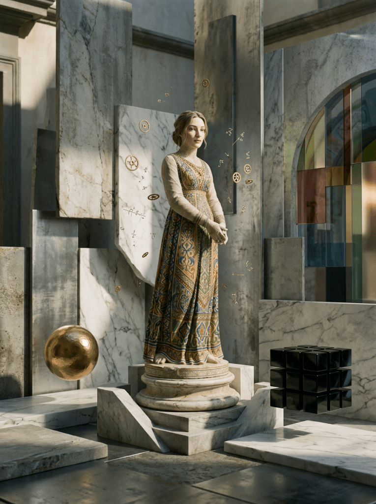 Marble statue of a woman with folded hands wearing a long dress