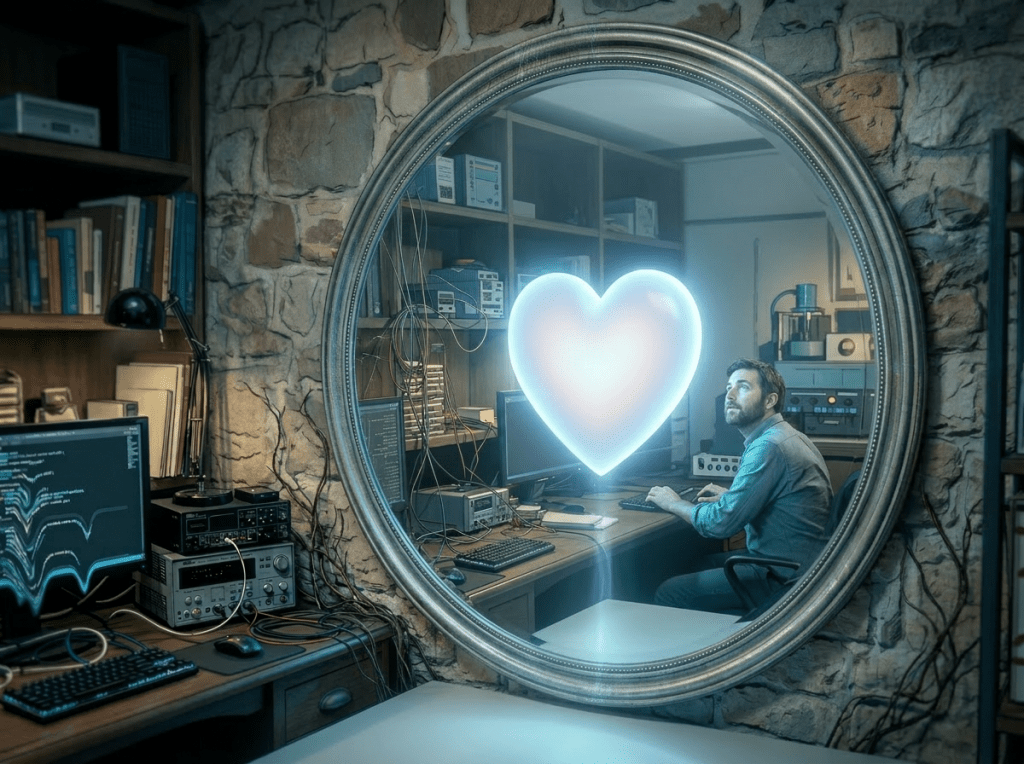 Hologram figure of person composed of glowing code in front of a programmer in a vintage stone-walled room