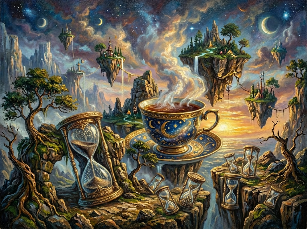 A large cosmic dog with swirling galaxy patterns on its body sits among hourglasses and floating islands with waterfalls under a twilight sky.