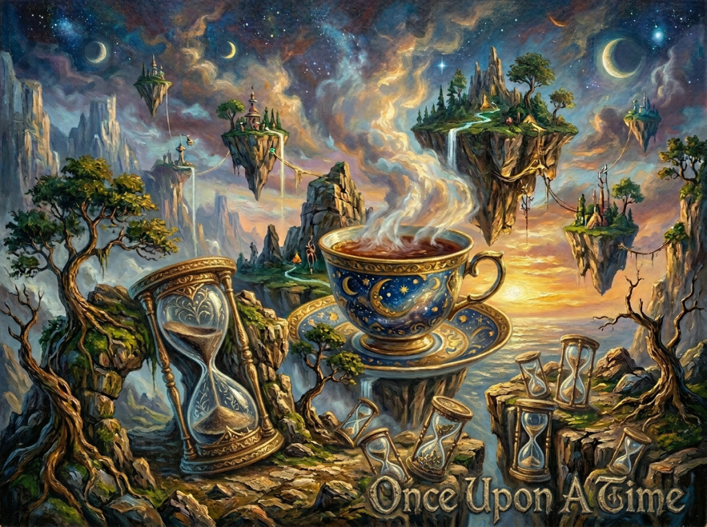 A large cosmic dog with swirling galaxy patterns on its body sits among hourglasses and floating islands with waterfalls under a twilight sky.