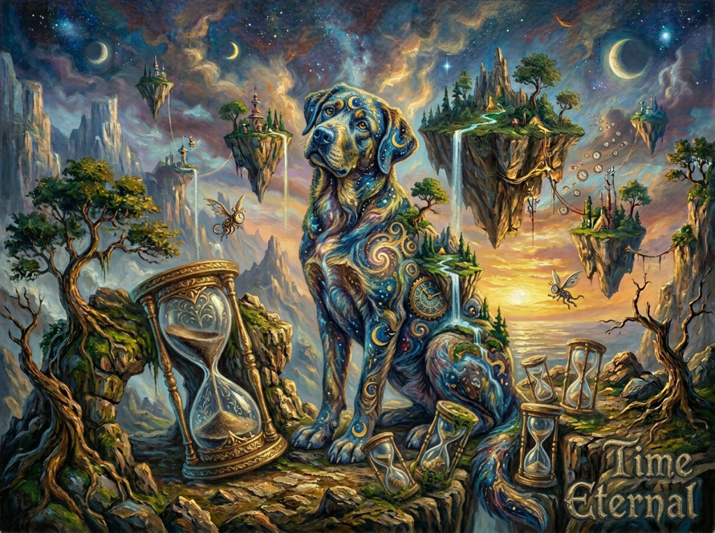 A large cosmic dog with swirling galaxy patterns on its body sits among hourglasses and floating islands with waterfalls under a twilight sky.
