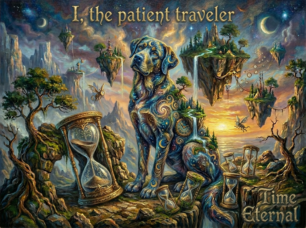 A large cosmic dog with swirling galaxy patterns on its body sits among hourglasses and floating islands with waterfalls under a twilight sky.