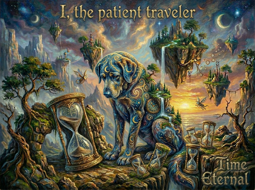 A large cosmic dog with swirling galaxy patterns on its body sits among hourglasses and floating islands with waterfalls under a twilight sky.