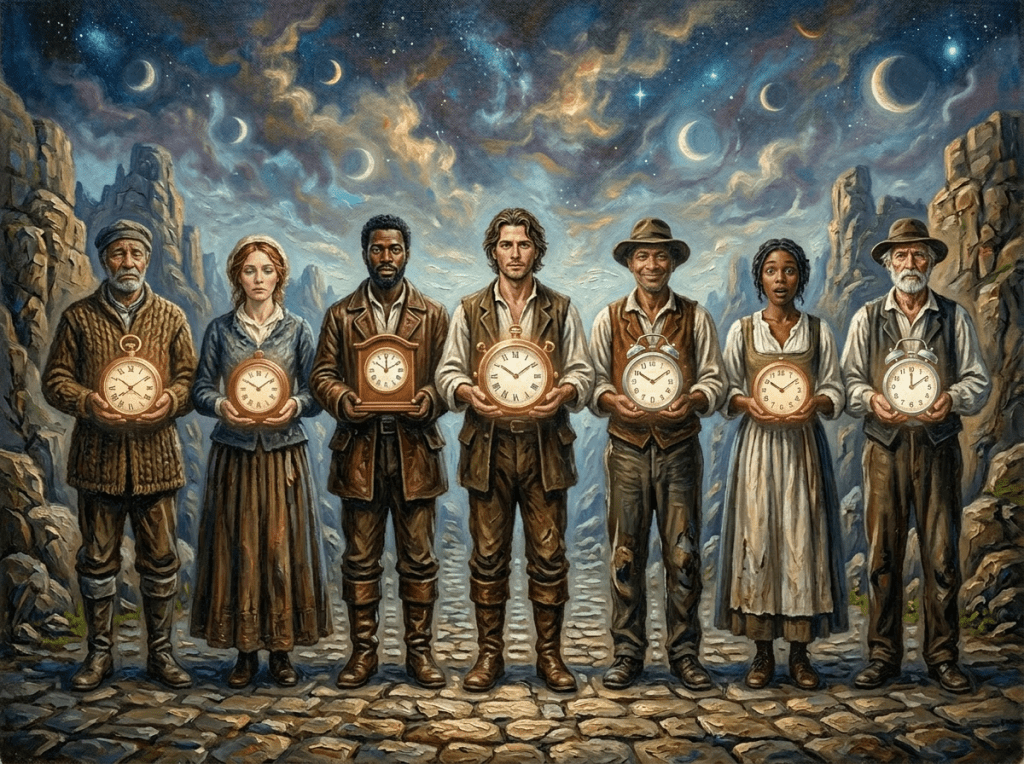 Seven people holding various clocks standing in a rocky landscape under a starry sky with crescent moons.