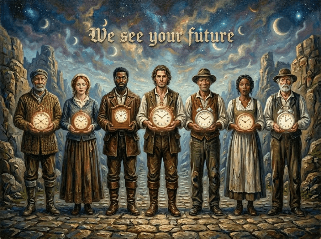 Seven people holding various clocks standing in a rocky landscape under a starry sky with crescent moons.