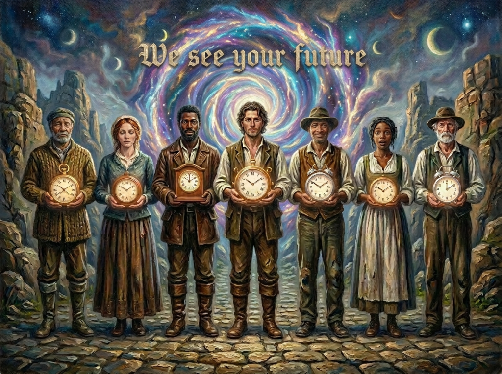 Seven people holding various clocks standing in a rocky landscape under a starry sky with crescent moons.