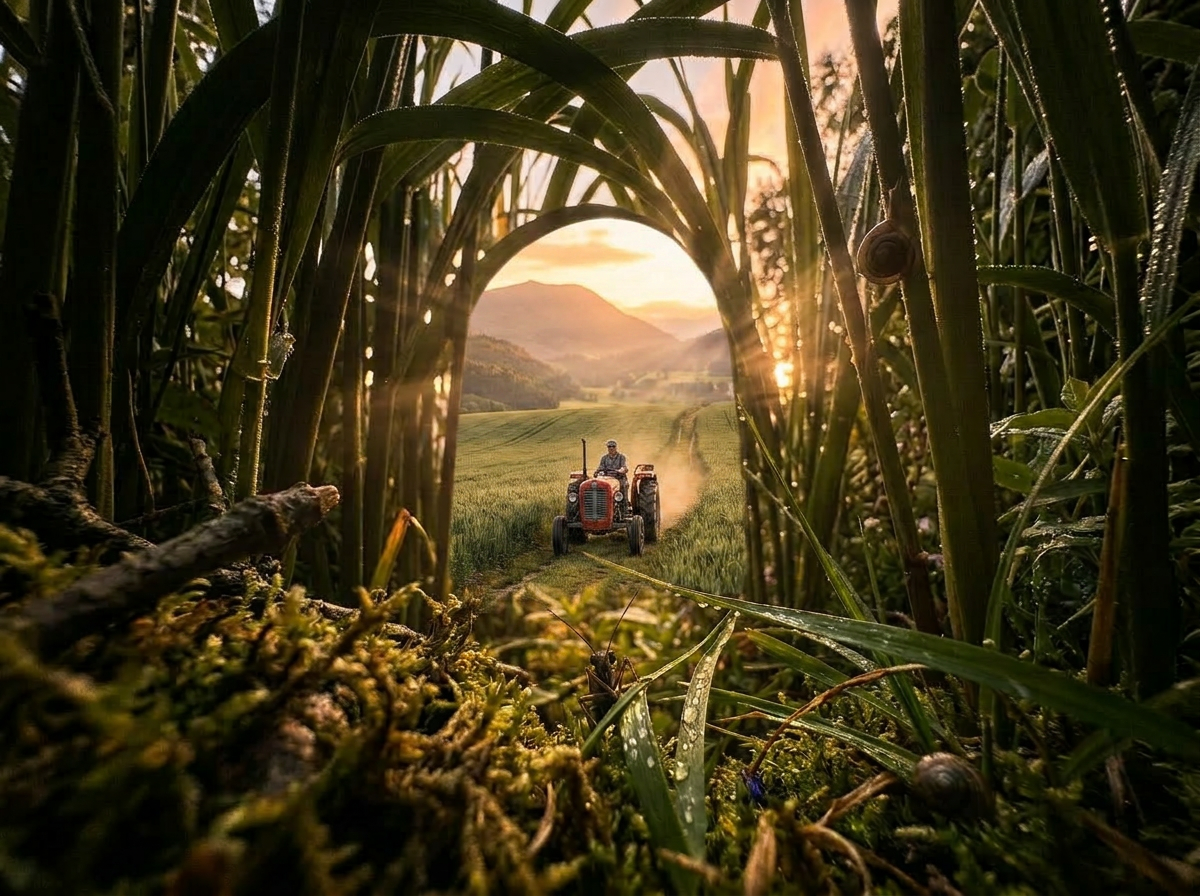 Tractor moving on a field path at sunrise, framed by tall grass with dew and moss in foreground