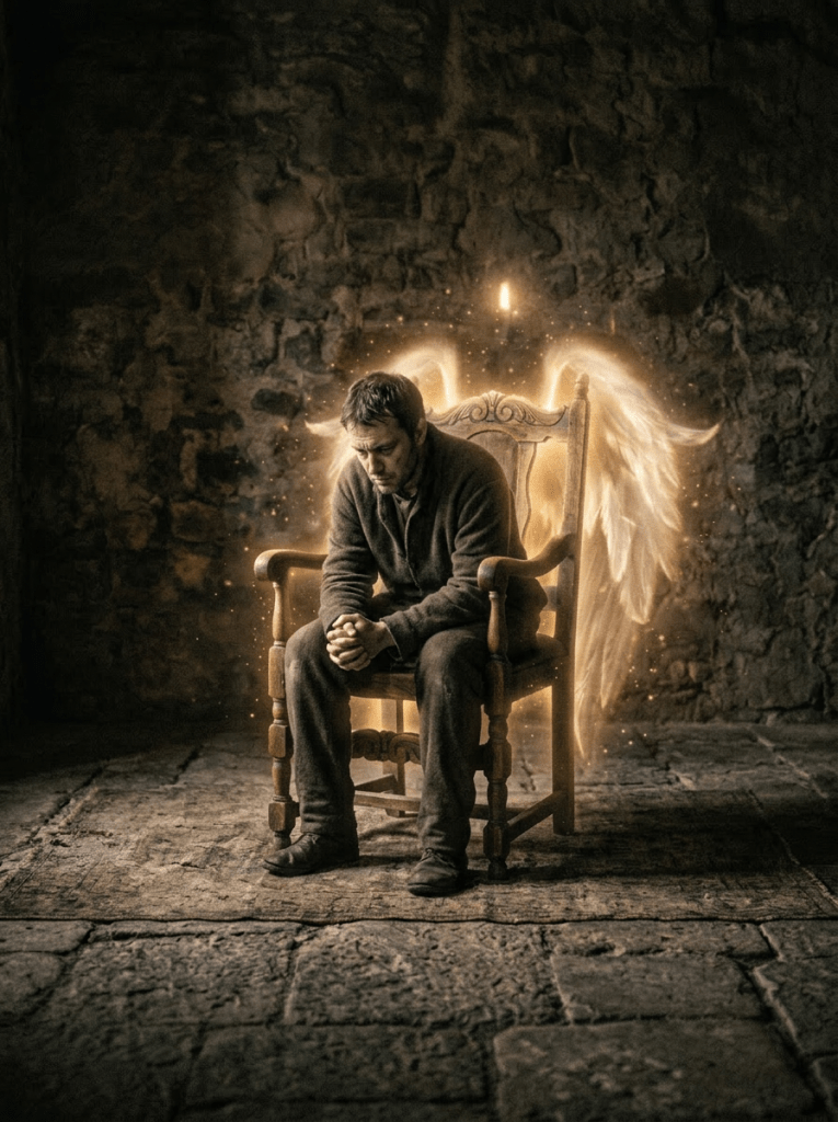 Wooden chair glowing with ethereal angel wings against stone wall