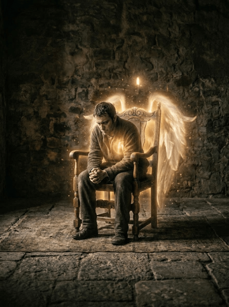 Wooden chair glowing with ethereal angel wings against stone wall