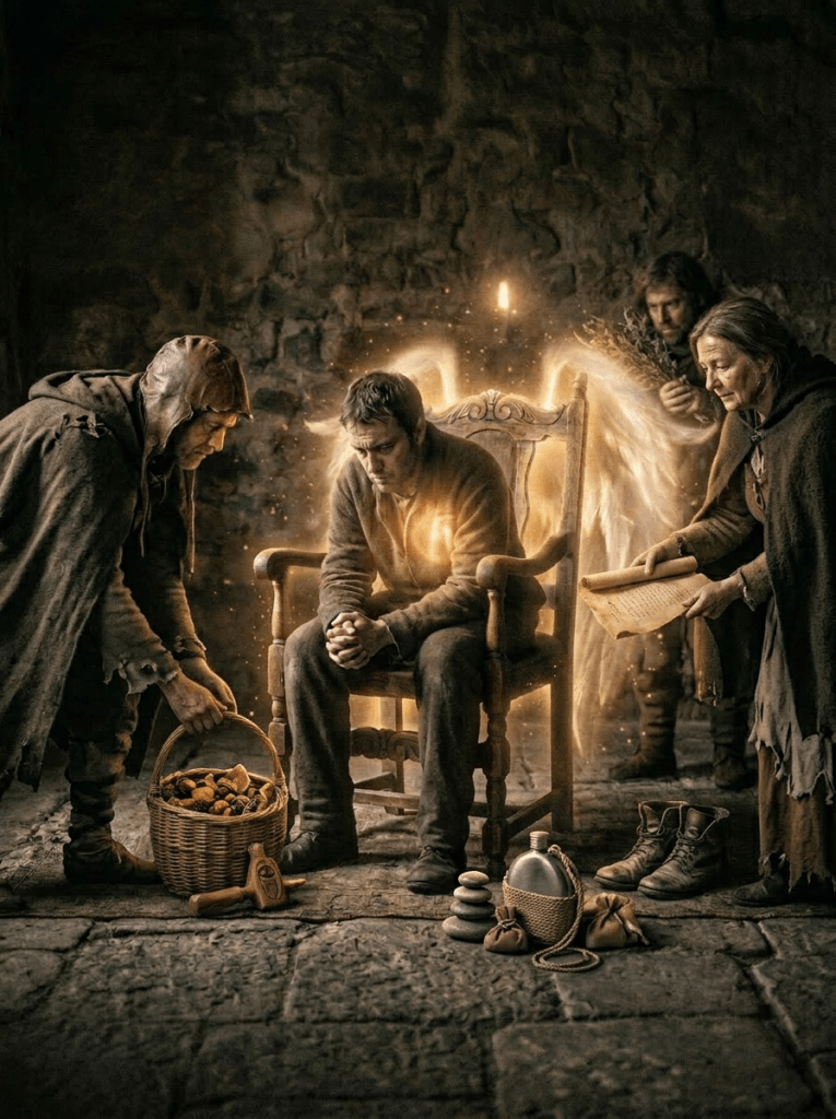 Wooden chair glowing with ethereal angel wings against stone wall