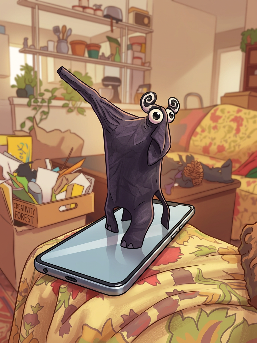 Small imaginative creature with spiraled eyes standing on a smartphone screen indoors