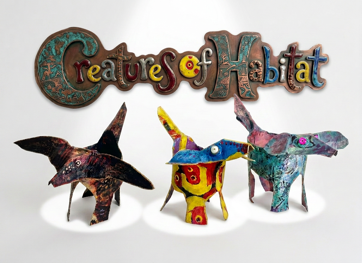 Three colorful abstract animal sculptures beneath a decorative 'Creatures of Habitat' sign.