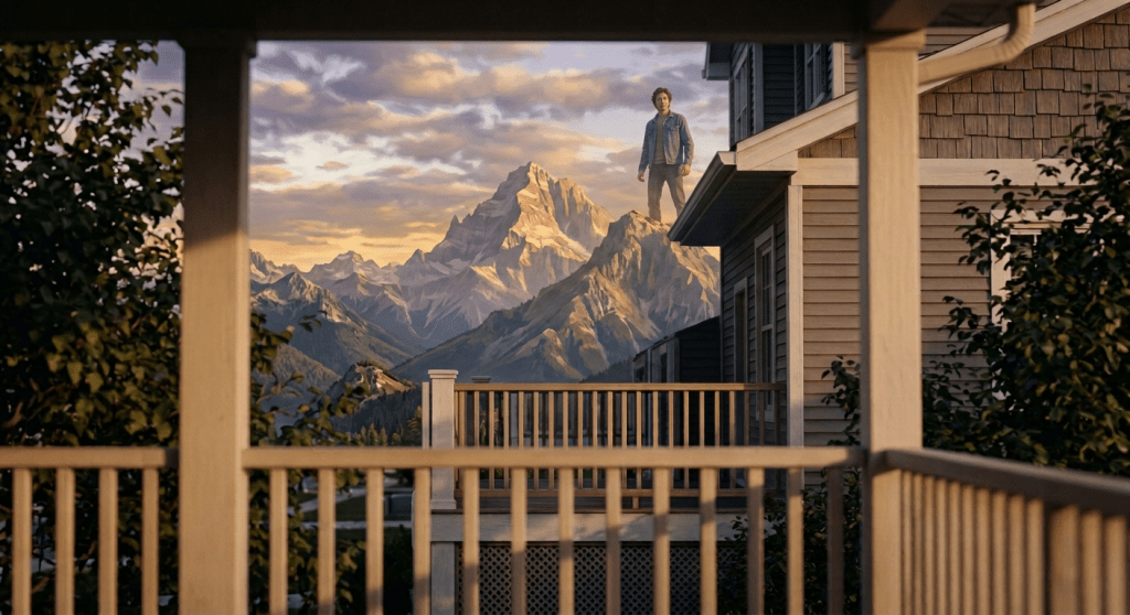 Young man leaning on wooden porch railing with a cloudy sky behind