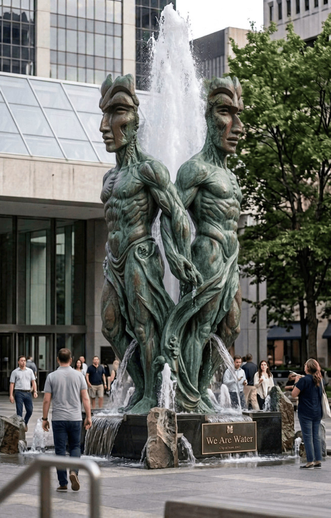 Face sculpture fountain titled “Tilted, We Are Water” in an urban plaza