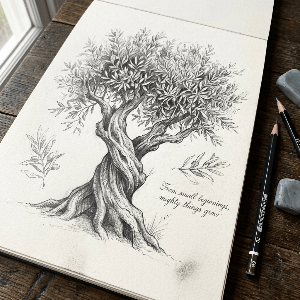 Pencil drawing of a tree with text, “From small beginnings, mighty things grow.”