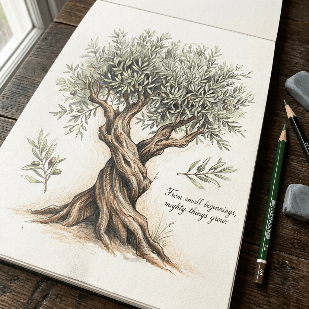 Pencil drawing of a tree with text, “From small beginnings, mighty things grow.”