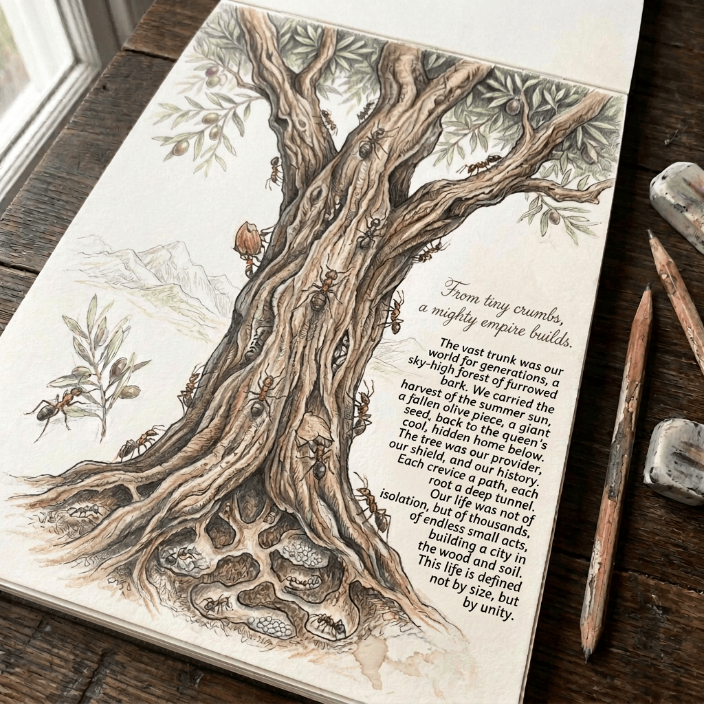 Pencil drawing of a tree with text, “From small beginnings, mighty things grow.”