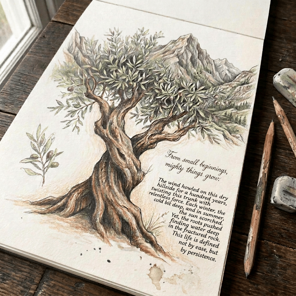 Pencil drawing of a tree with text, “From small beginnings, mighty things grow.”