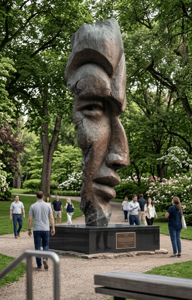 Face sculpture fountain titled “Tilted, We Are Water” in an urban plaza