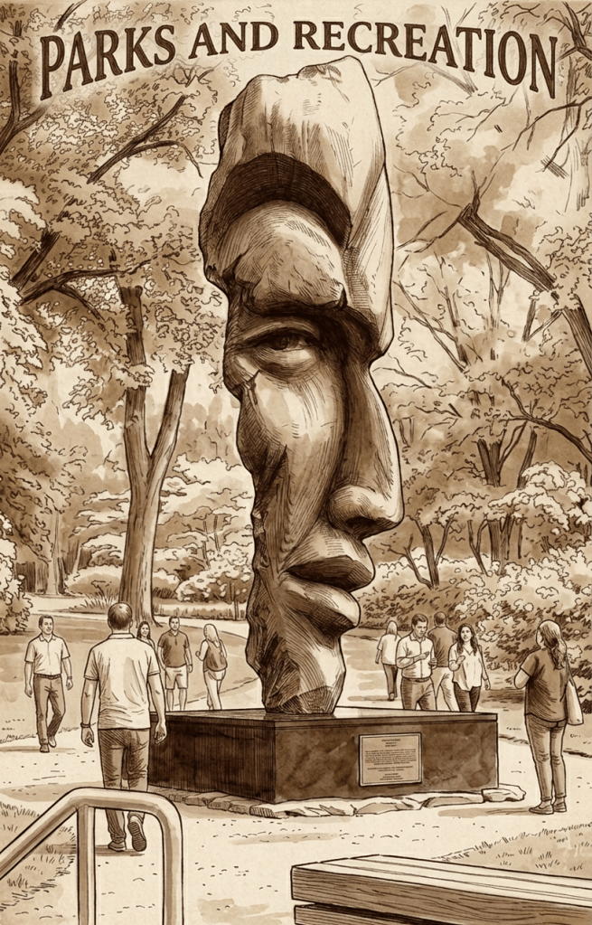 Face sculpture fountain titled “Tilted, We Are Water” in an urban plaza
